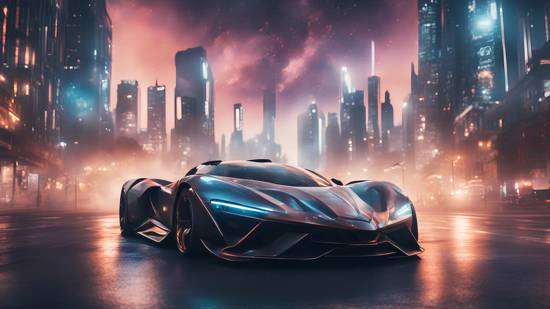 extreme concept future hypercar in a city at night. ultra realistic cinematic lighting, 8k, surreal photography, portrait. intricate details. the sky has a bright nebula.