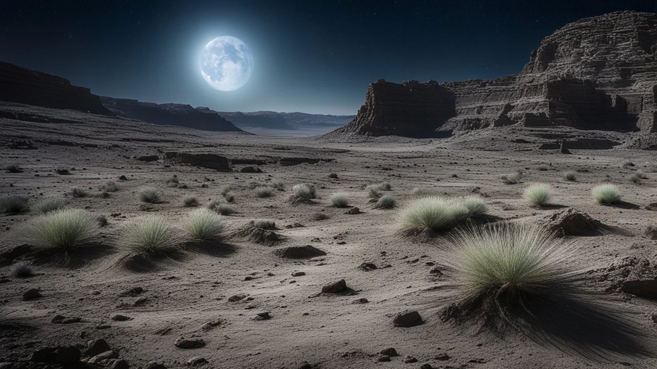 A serene, otherworldly landscape on the moon, where the ground is covered in a fine, silvery dust that sparkles under the light of distant stars. Strange, glowing plants grow among the rocky terrain, and mysterious, ancient ruins hint at a long-lost civilization. Award-winning photograph, 80mm focal length, rule of thirds.