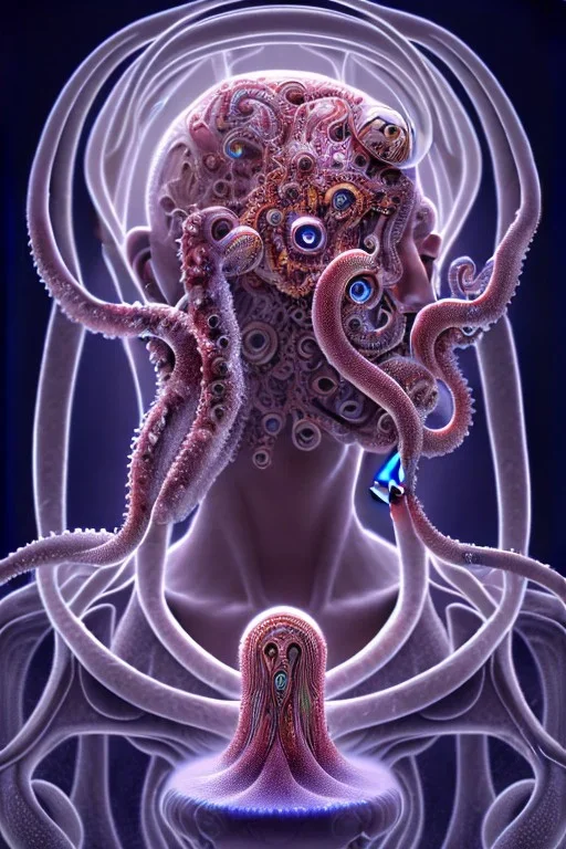 Spiritual being with Tentacles over human Head creating reality around, wrapping Tentacles around Human, Psychedelic