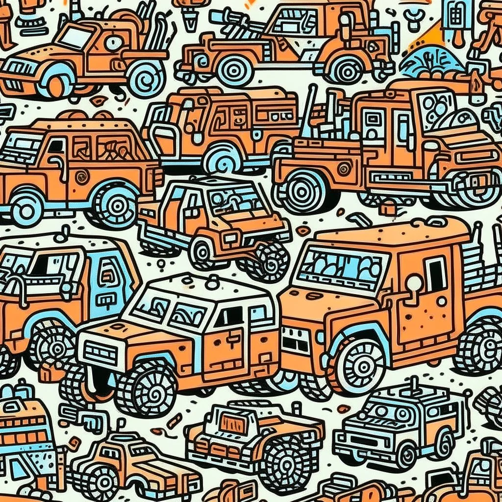 A light rosy orange colored junkyard with construction vehicles painted by Keith Haring