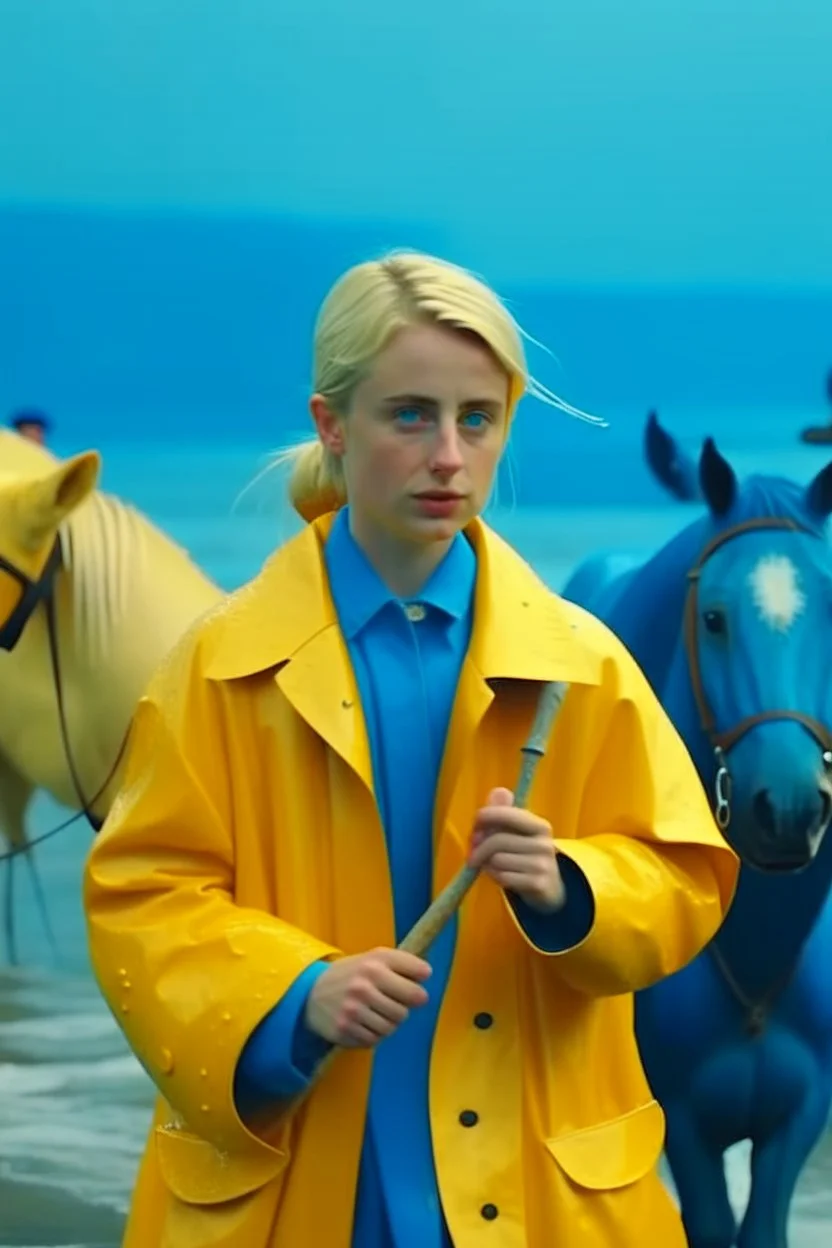 In the music video, a 23-year-old woman with blonde hair and bright blue eyes stands in the sea, se has a bun. dressed in a yellow fisherman's jacket ag. She holds an umbrella, but it offers no protection from the pouring rain. Around her, heavy horses are moving. The rain is pouring heavily. She is standing in the middle of the sea. You can see here completely. Horses only the girl and horses, i wanna see the horses dancing around her.. NOT SEXY!! middle of the sea, green pants, bolder, green