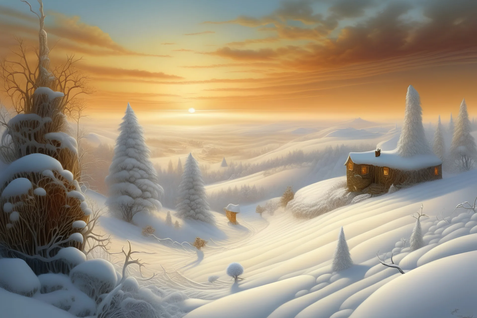 white winter landscape, snowy and beautiful, sunset, soft, fog, frost, decorative acrylic painting, Jacek Yerka, Gediminas Prankevicius, polished, mark raidan, polished, highly detailed, elegant, Award winning photography, fantasy, intricate, 8k, oil on canvas, hyperrealistic, colourful, very cute, Michelangelo, Thomas Kinkade, 3D, Josephine wall. Antoine Hebert, Maurice Sendak