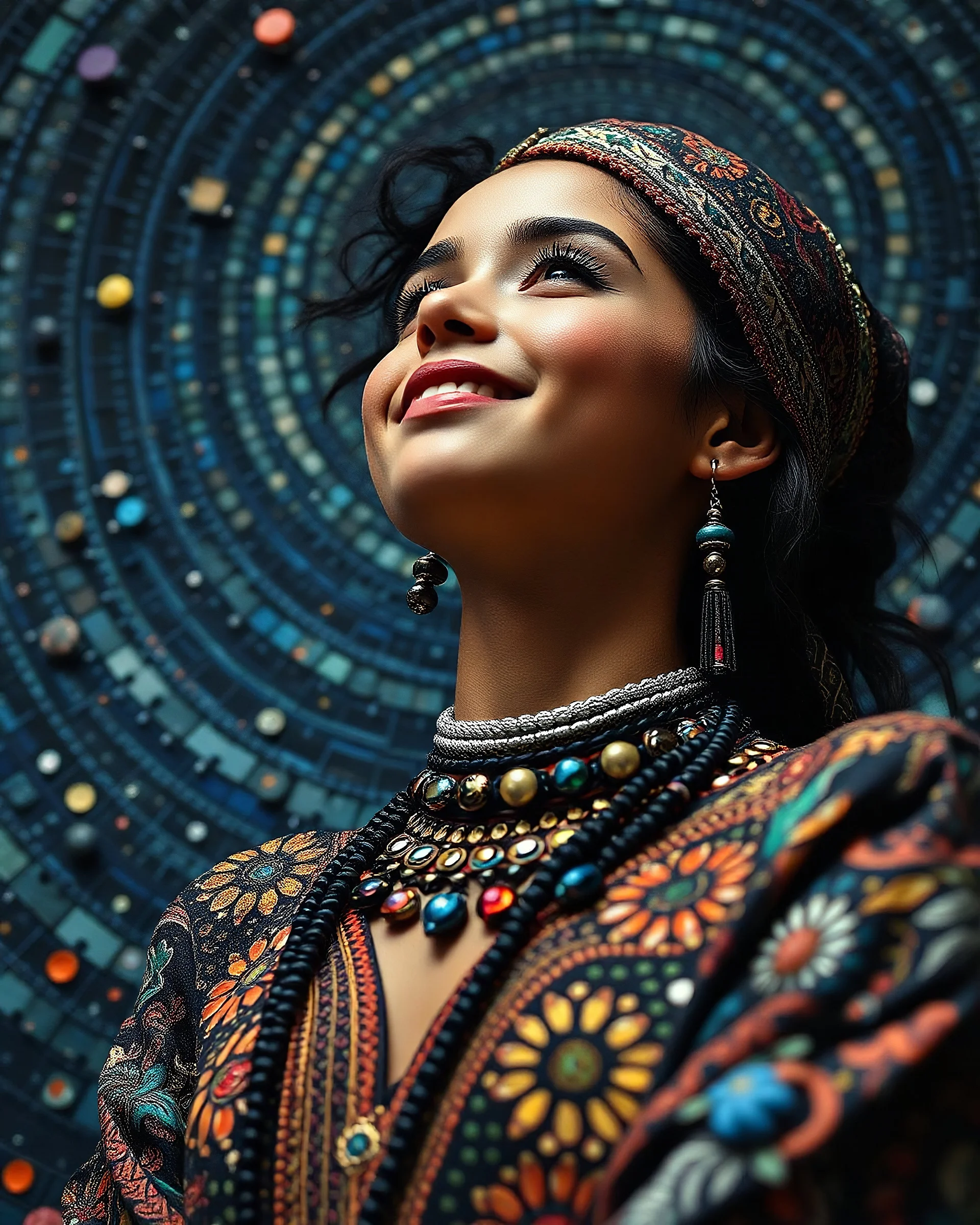 "Midnight Serenade unique" low view angle shot down long, large close up pretty girl smiling look up granite terrazzo motifs with puzzle tribal clothing is decorated with colorful filigree abstract, Collage chutes papiers magazines, old village. Spirograph background by Nisa Kiley, Textile Artist