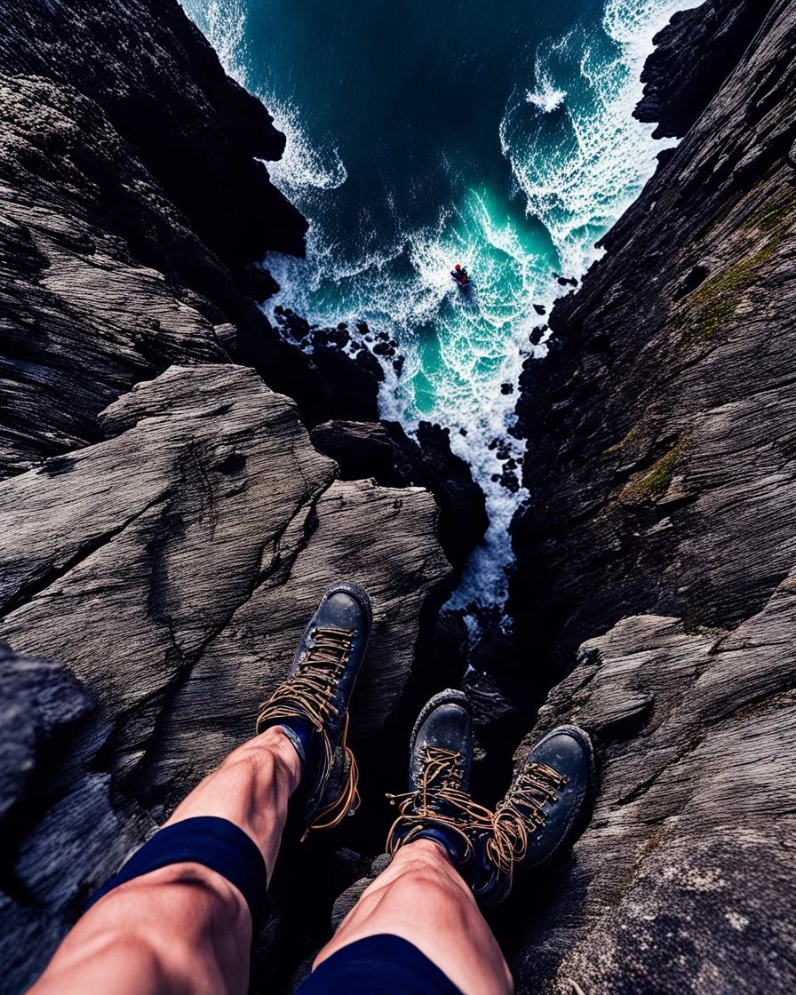 from the point of view of a rock climber, look down at the ocean rocks below as you climb high into the bluffs of ireland. holding on to the cliff face, the ocean below storms and swirls around a giant whirlpool