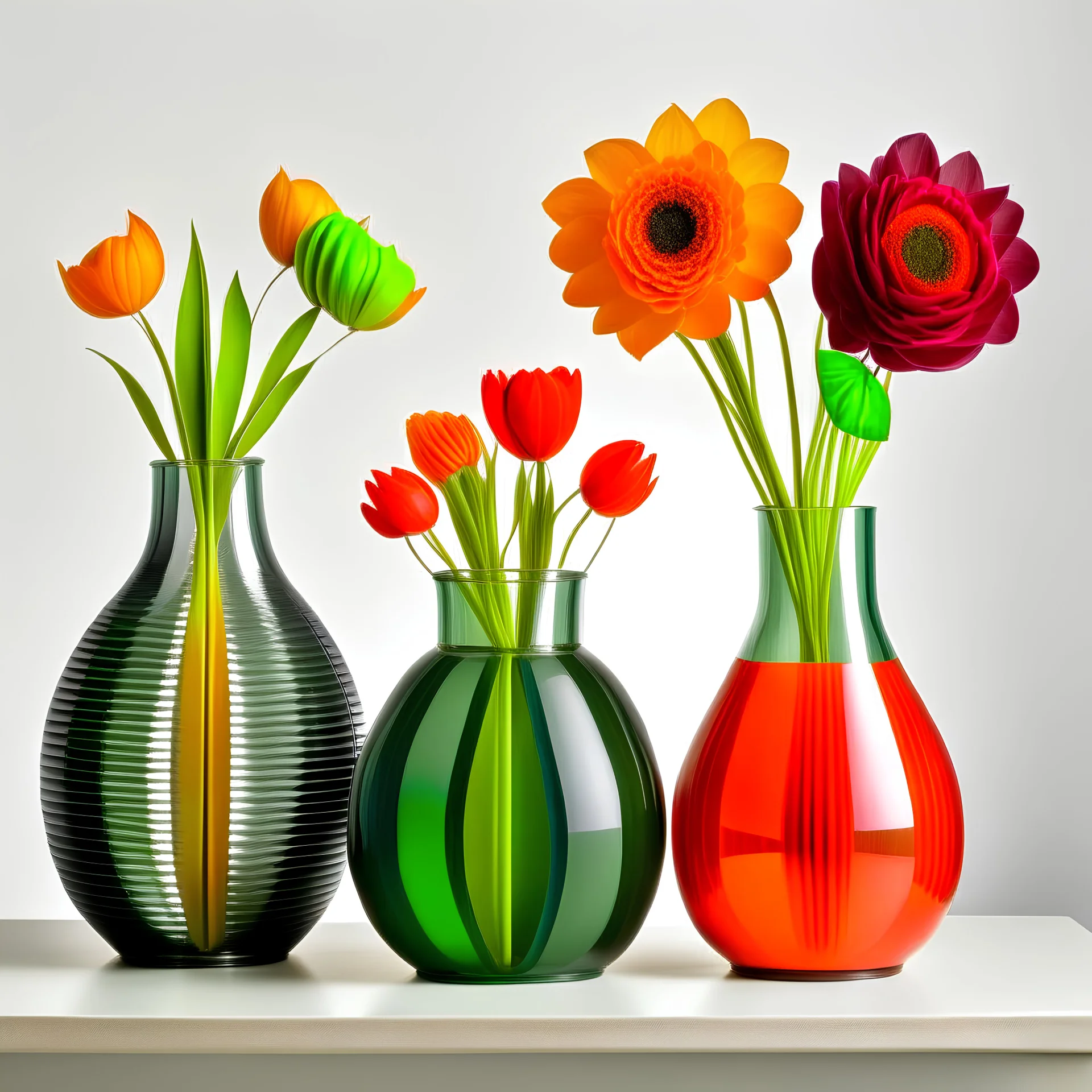 four vases with a flower and other various materials