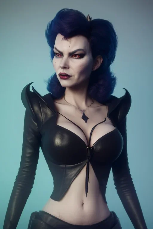 Lene Nystrøm as evil queen in black leather, busty, cleavage, voluptuous, Aqua Lene, angry, stern look. character design by cory loftis, fenghua zhong, ryohei hase, ismail inceoglu and ruan jia. unreal engine 5, artistic lighting, highly detailed, photorealistic, fantasy