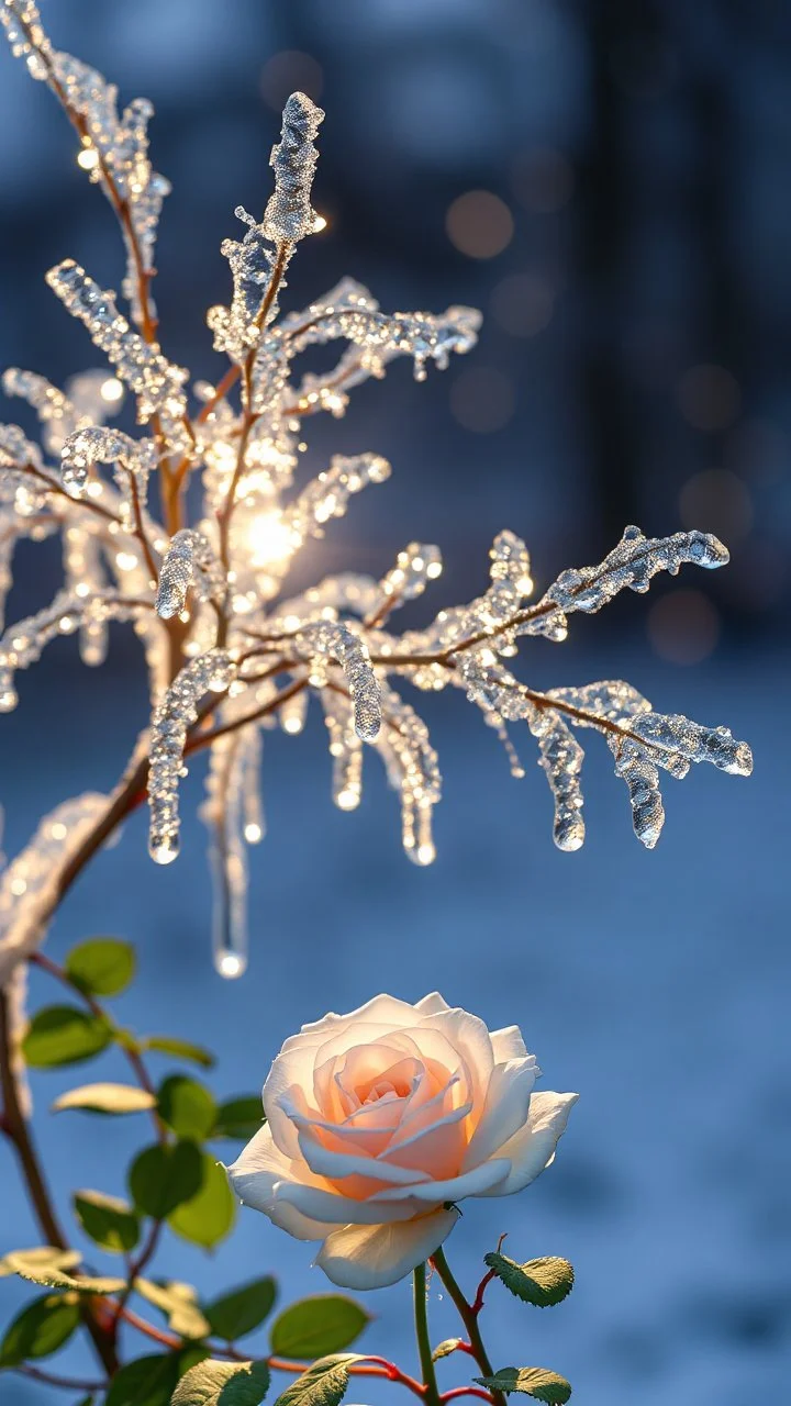The ice tree shimmers in the light of the lights , a white rose