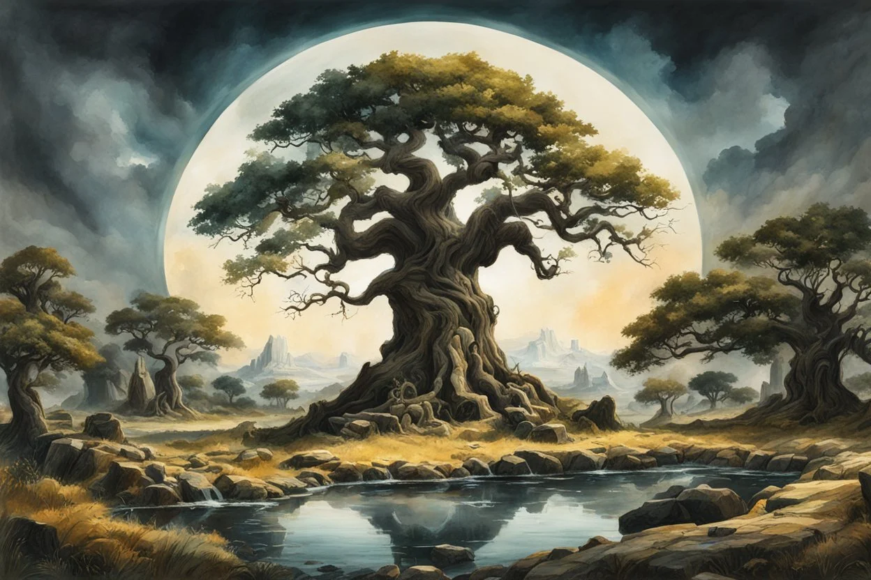 museum quality oil with watercolor underpainting of Yggdrasil, the world tree towering over a circle of ancient Druidic standing stones , in the style of Karl Bodmer, and Winslow Homer, rendered as an aquatint, with a fine art aesthetic, highly detailed , 8k UHD cinegraphic realism, dramatic natural lighting, isometric view