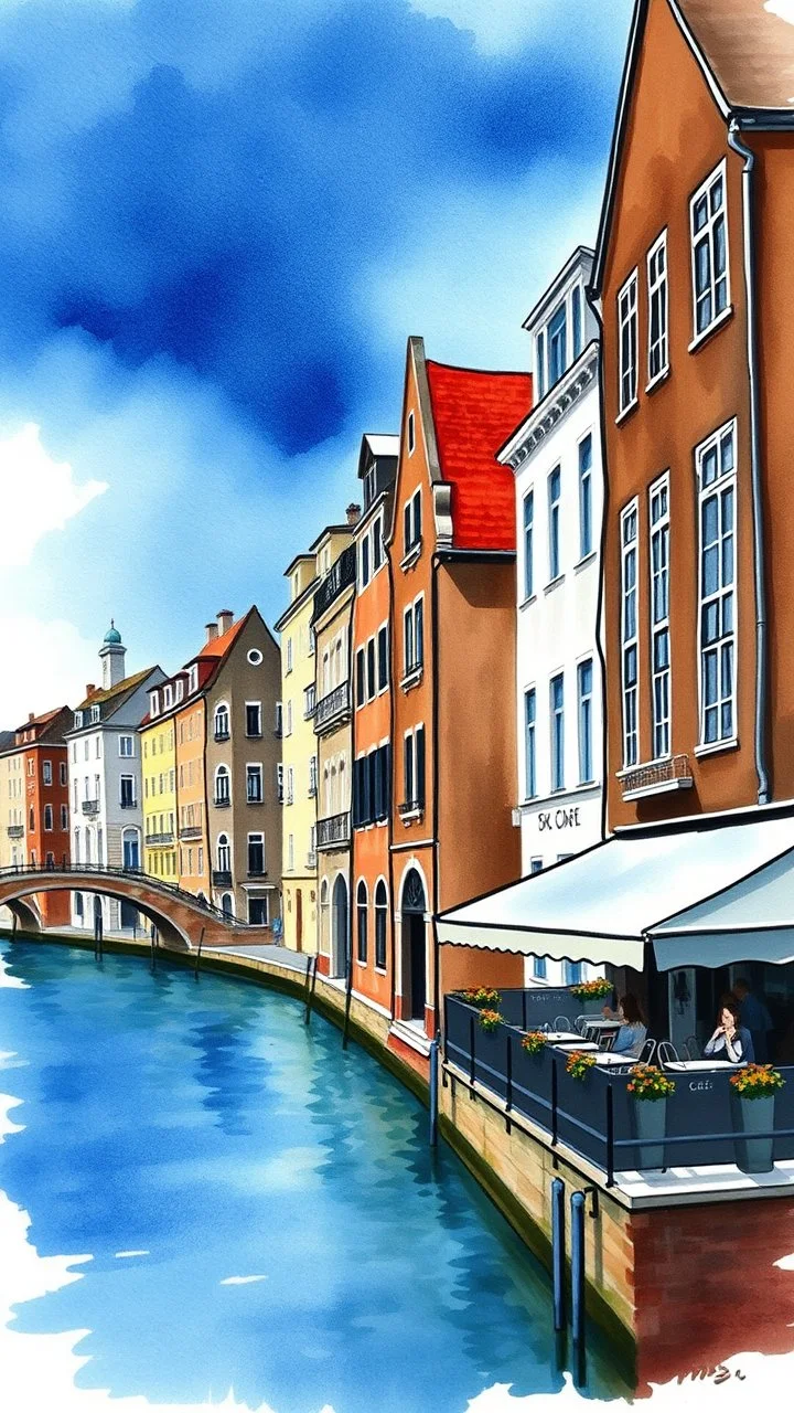 Watercolors painting with dark brown buildings and cafe by the river with outdoor tables and dark blue sky