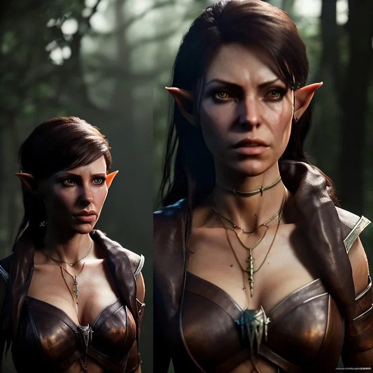 dungeons and dragons, female wood elf, druid, brown hair, brown eyes, full body, realistic face, short hair, large nose, closed mouth, leather armor, one person, blue scarf