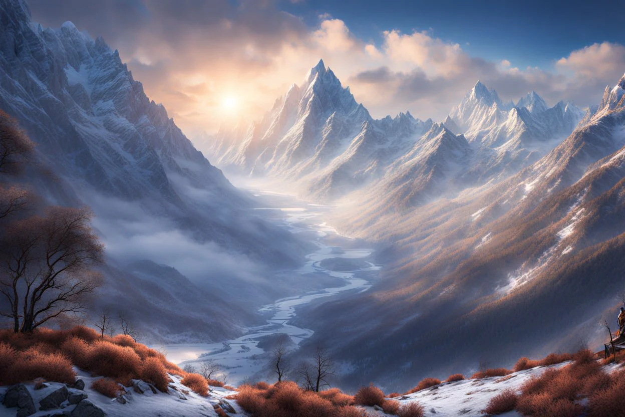 A valley through Himalayan winter mountains. a mountain 3 times higher that the rest at the end of the valley. a dragon. fantasy concept art, exquisite realism, a masterpiece, dynamic lighting, hyper detailed, intricately detailed, deep color, Unreal Engine, volumetric lighting , Epic cinematic brilliant stunning intricate meticulously detailed dramatic atmospheric maximal,