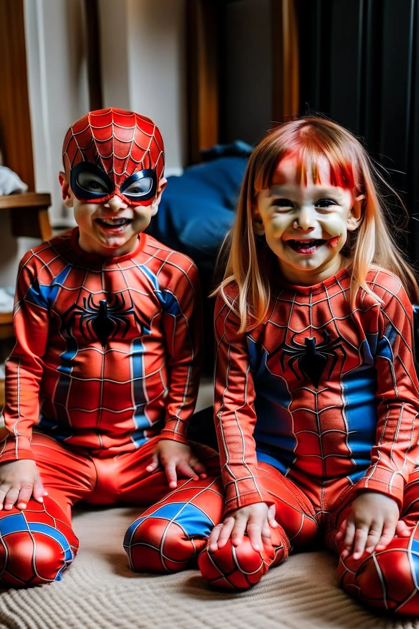 a brother and sister with their spiderman suits on