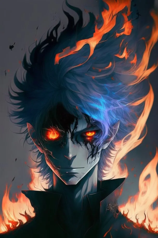 Anime with wight hair and black clothes and power fire and eyes of sharengan and cool face