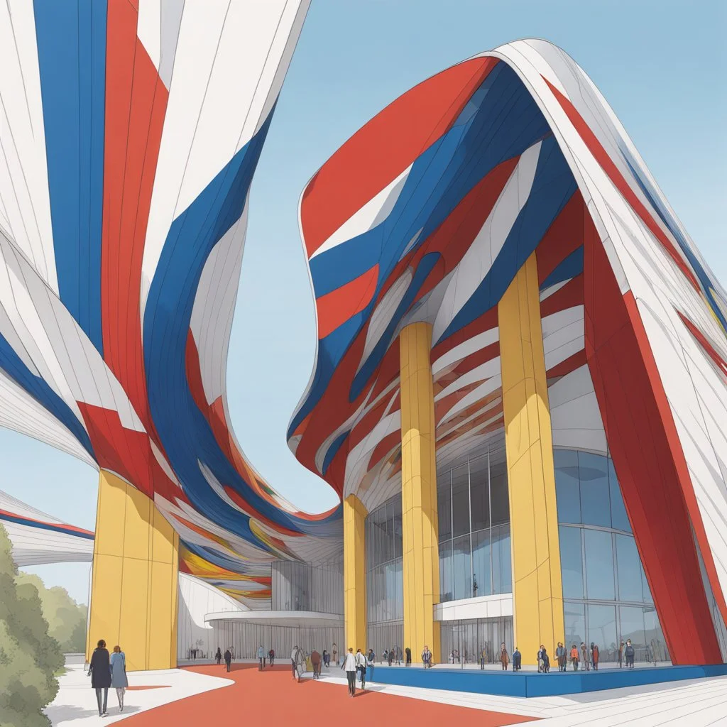 Exterior perspective Museum of art in the form of flower petals architecture style Zaha Hadid linear drawing colors red white blue and yellow hyper-detailed 8k