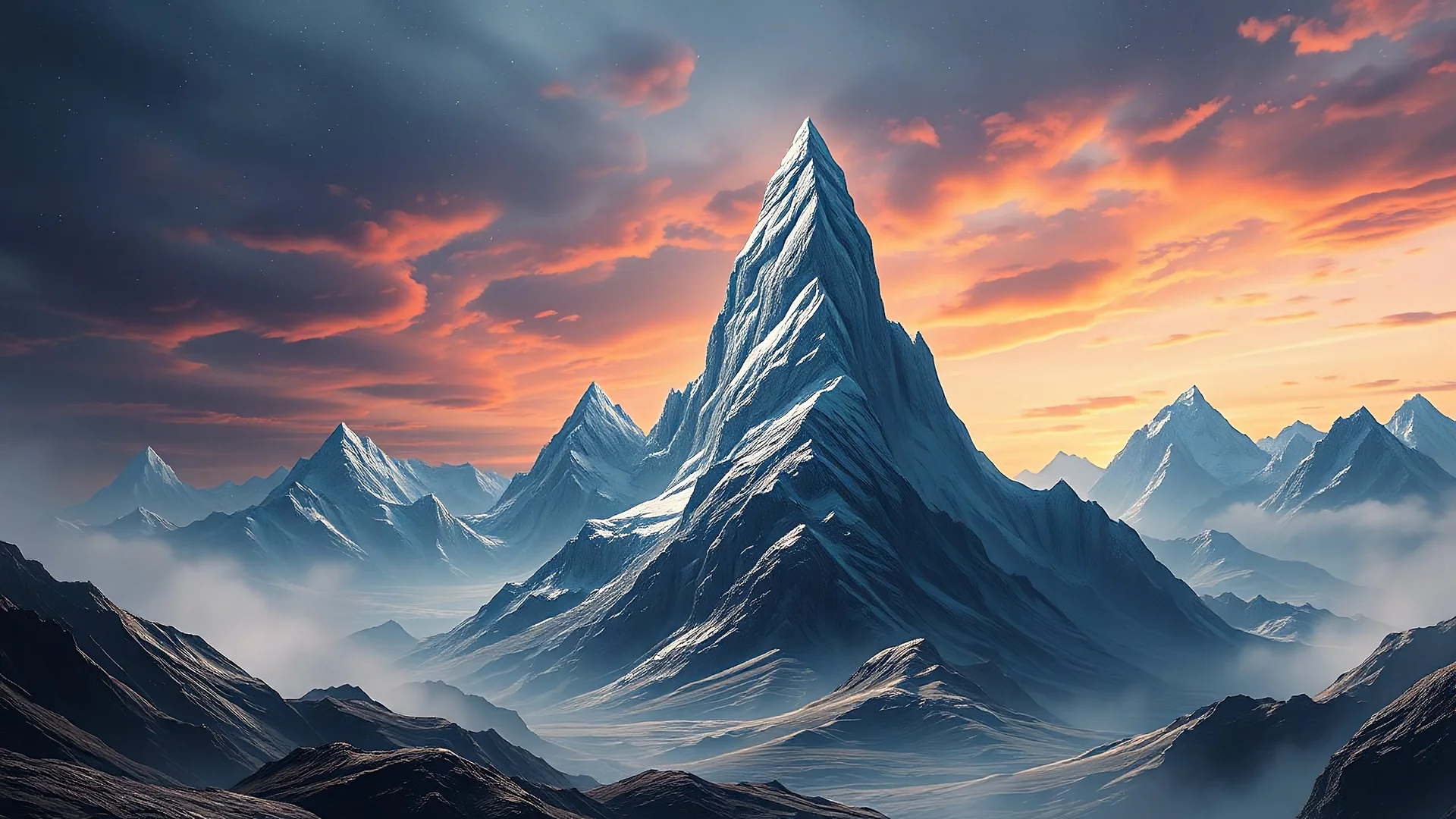 A futuristic mountain, one mountain in the center, other mountains lower on the sides