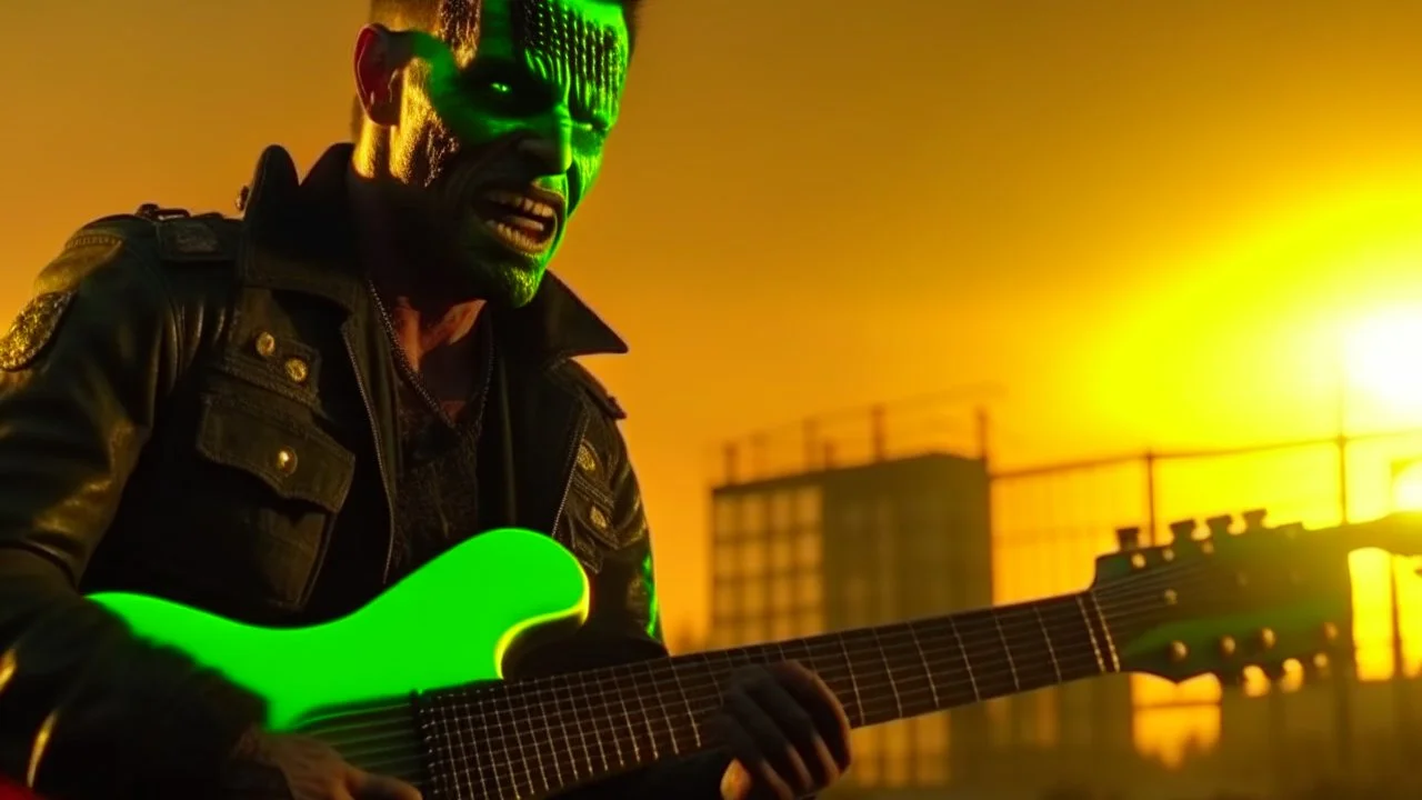 4K, ultra detail, ombres et reflets maximum, full realism. Zombie terminator playing guitar in a nuked city