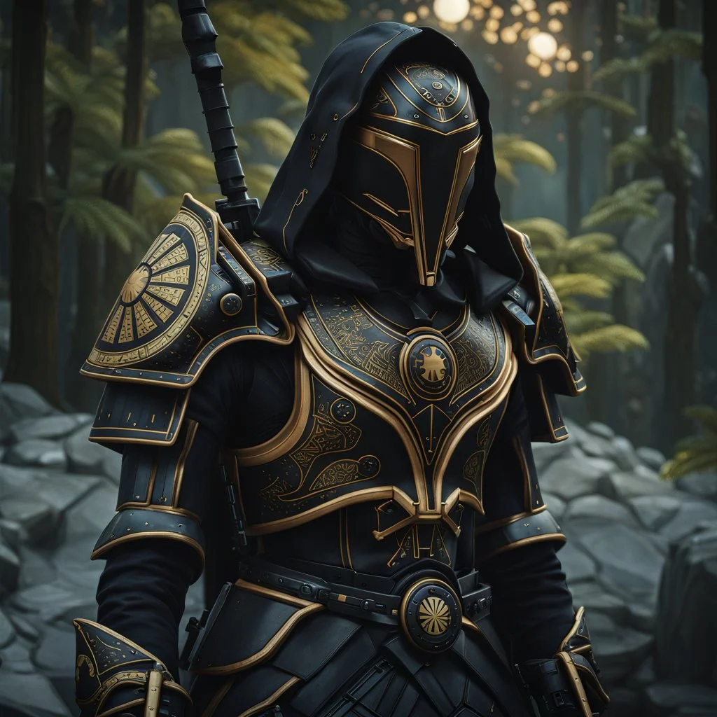 star wars bald male corellian pilot wearing pearlescent black and gunmetal grey First Order special forces heavy assault armor and helmet with gold trim inside the jedi temple, centered portrait, hyperdetailed, dynamic lighting, hyperdetailed background, 8k resolution, volumetric lighting, light skin, fully symmetric details