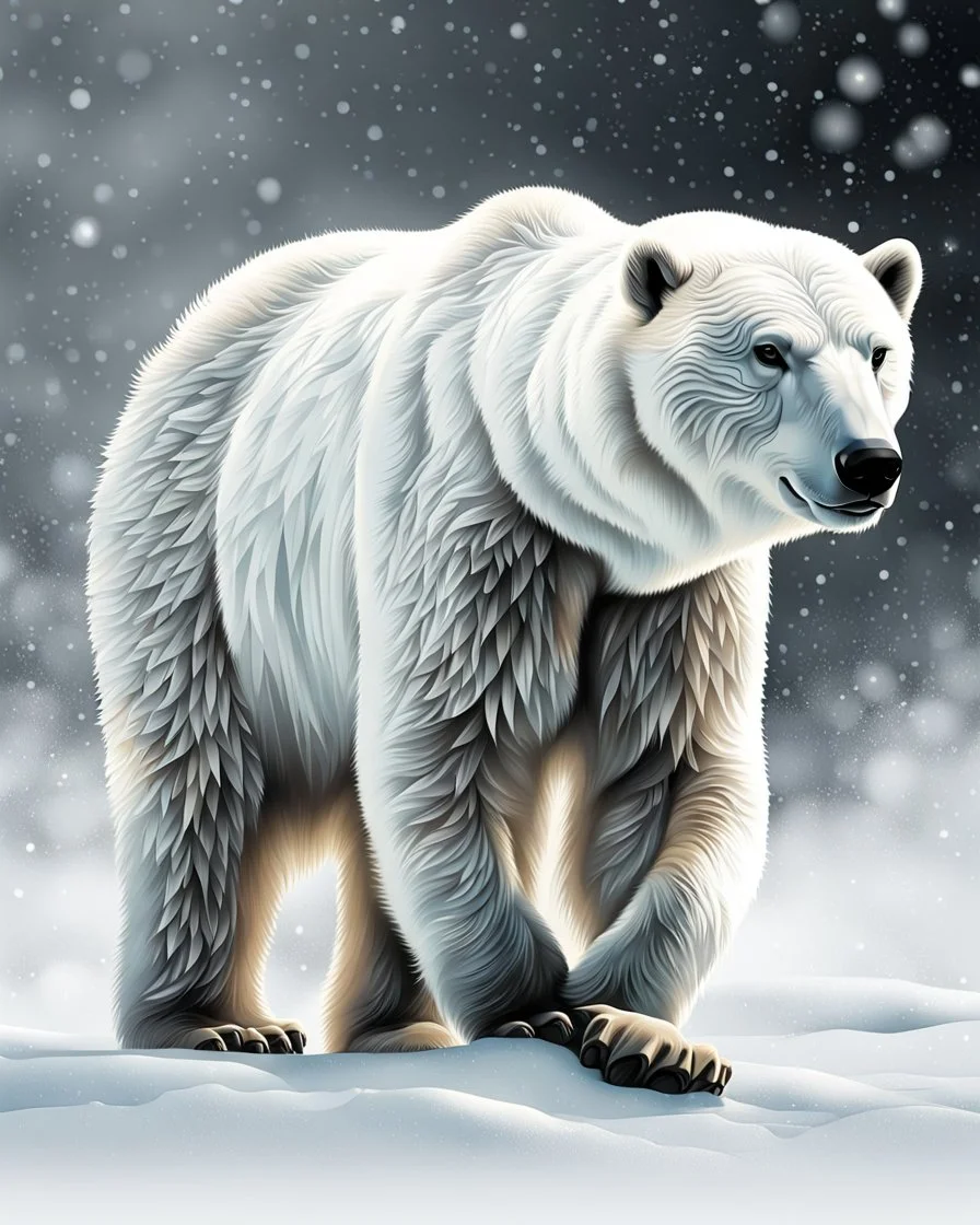 Fondo blanco Art illustration lineal polar bear, nieve, calidad ultra, hiperdetallado, 12k, fondo blanco, color blanco y negro full body