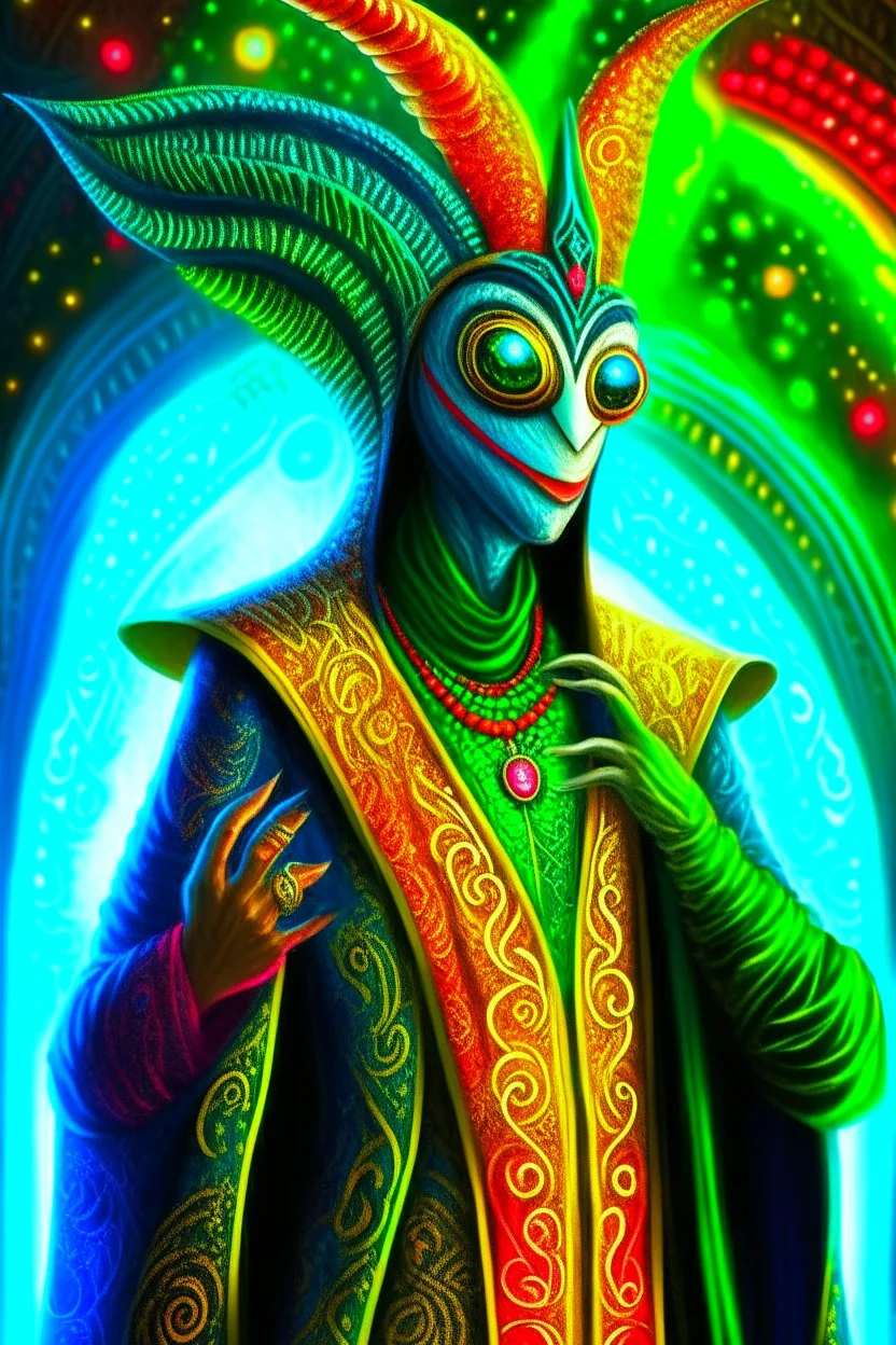 Un extraterrestre habillé avec un costume de carnaval de Venise, avec un masque , détaillé, peinture numérique, Artstation, Concept art, contraste fort, style futuriste, composition centrée.