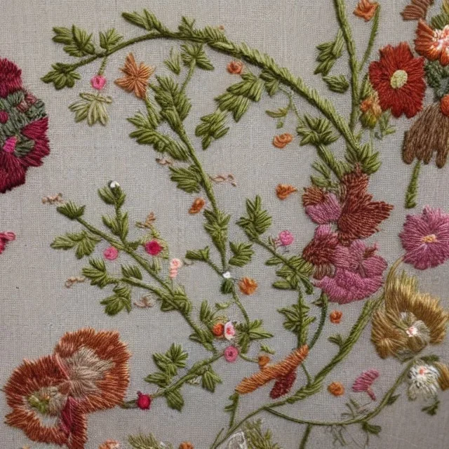 exquisite whimsical garden in embroidery hoop, intricate, highly detailed, linen and wood backdrop