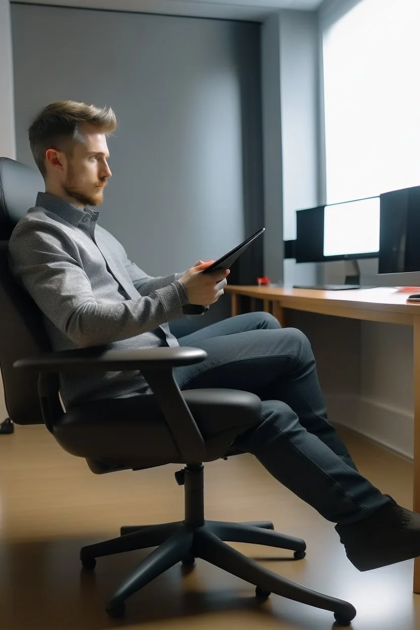 a guy watching a youtube sitting in a office chair