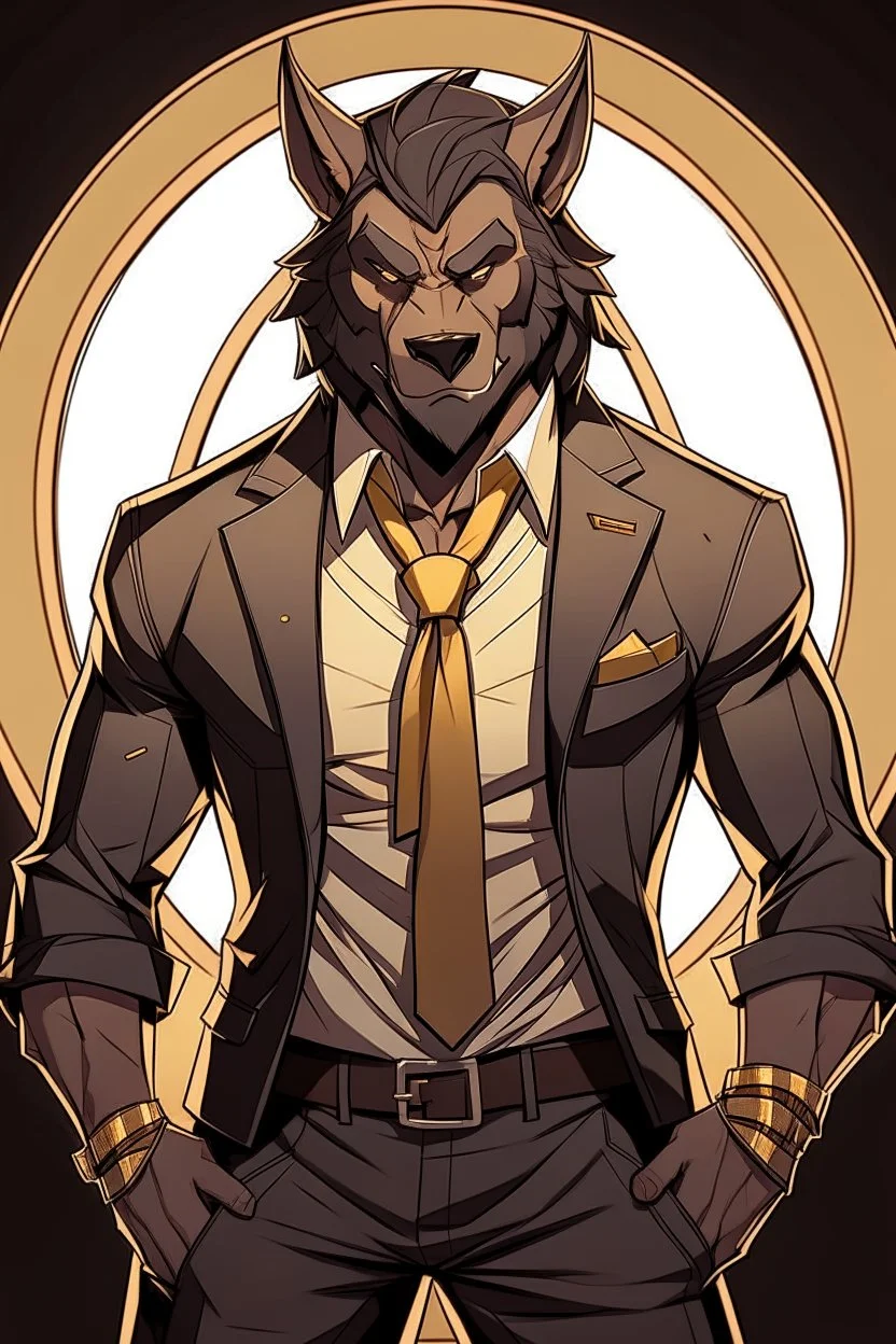 Buff, anthro, wolf, himbo, black fur, gold eyes, wearing a suit, full-body, muscles, strong, muscular, man boobs, bulky, tail, dark fur, smug grin, hands on hips, furry-himbo, broad shoulders, wide hips,