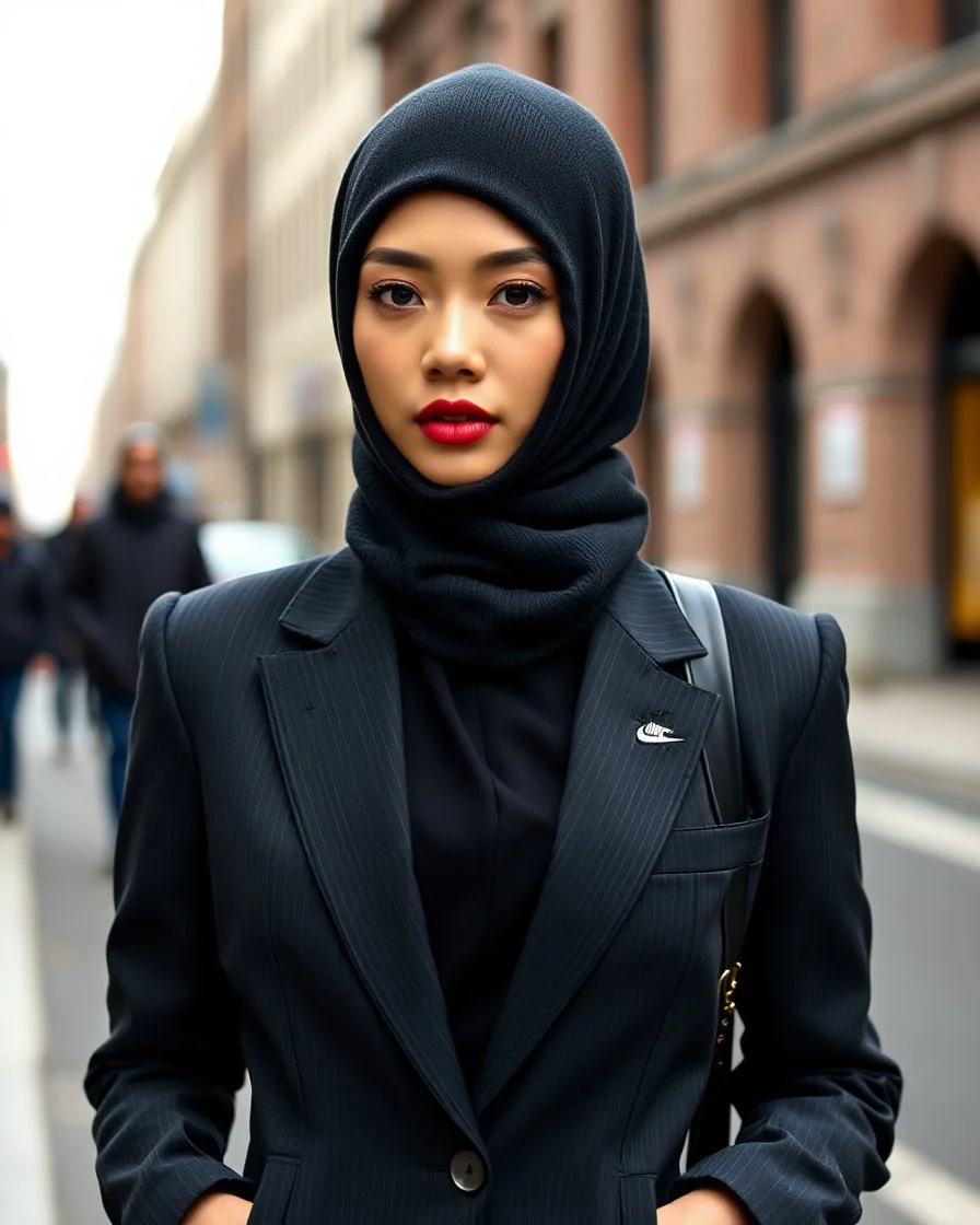 Beautiful asian woman, Street fashion style with balaclava, with Nike suit, portrait, fashion magazine --ar 2:3 --sref 680572301 --personalize kzilt9y --stylize 1000 --v 6.1 persian black rug