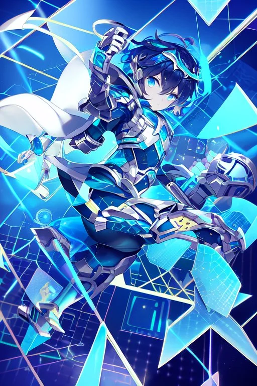 neon blue, flying parts of armor in form of triangles, cyber armor, geometric patterns on armor, male, orbiting triangle, armor drones