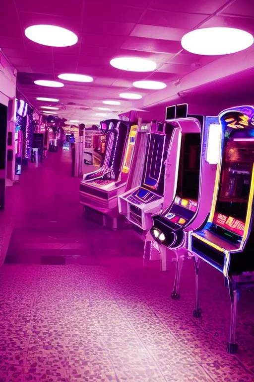 A dark photo an 80's aesthetics arcade at night, with a lot of functioning arcade machines, a vaporwave floor and some colorful tiles in between the floor. Dark Purple Themed, purple aesthetics.