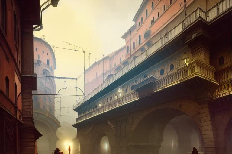 Train trains under bologna portici +riomaggiore+genoa street+turin+Italian medieval town+Italian city+alphonse mucha, greg rutkowski,matte painting, cryengine, hyper detailed, felix kelly, fantasy art, seb mckinnon