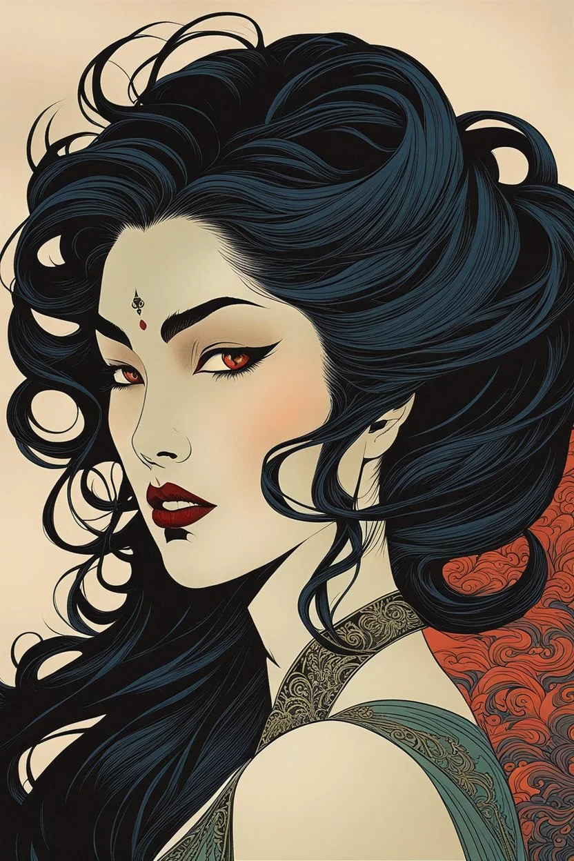 museum quality color woodblock print of an enigmatic Malkavian female vampire with highly detailed hair and facial features , in the style of Bertha Lum, and Prosper-Alphonse Isaac, with a fine art , graphic novel aesthetic, highly detailed, finely cut ,8k render,