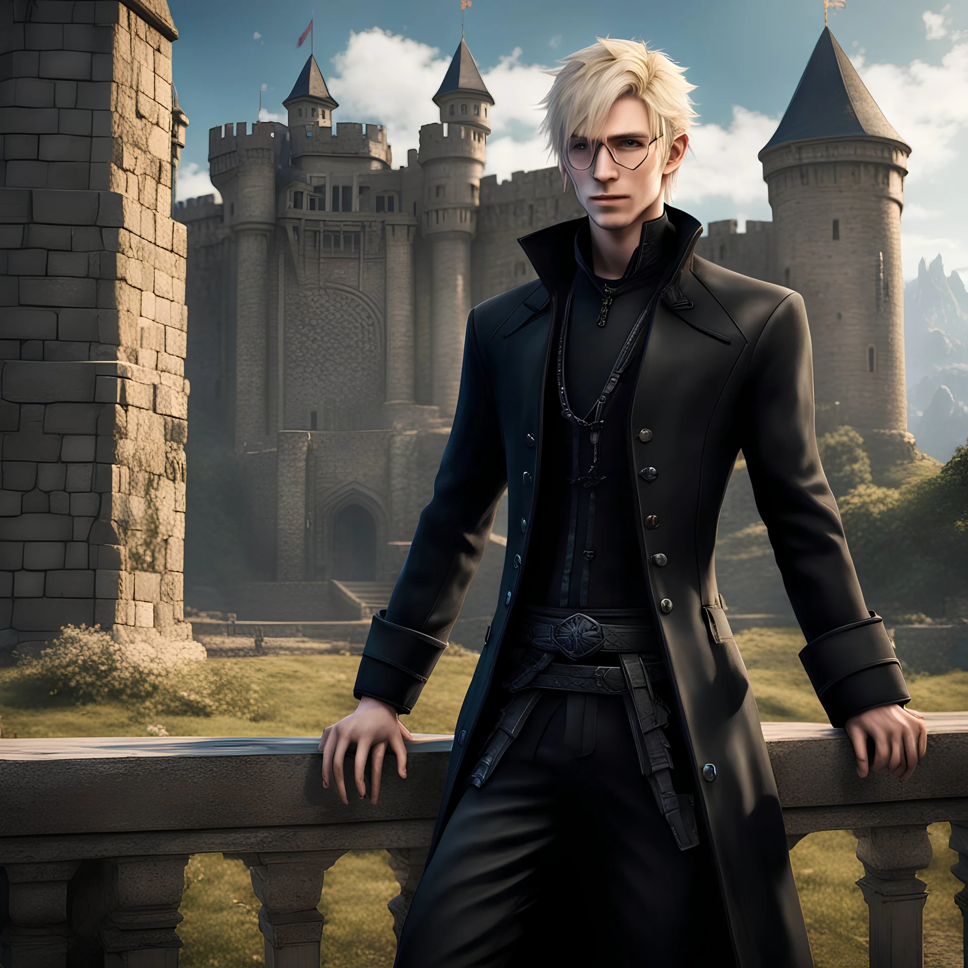 Hyper realistic human male with pale skin and wearing dark black fantasy noble clothes, wearing a hat and glasses. with short blonde hair and blue eyes, looks like a final fantasy 15 character, full body picture, castle in the background, five fingers on the hands, only two hands, young looking face,