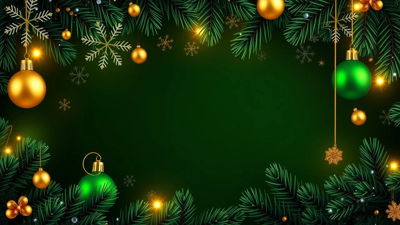 christmas background with green and gold decorations and snowflakes, emitting light ornaments, gold and green, 8k)), 8 k, 8k, gold decorations, dark green background,