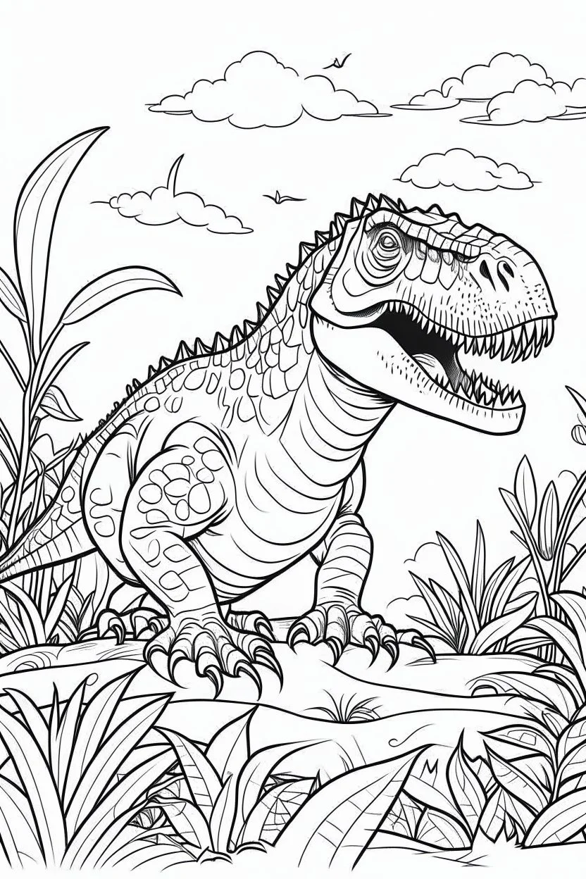 create a coloring page, white background Show a T-Rex rubbing its body against trees or rocks to leave behind scent markings and communicate its presence to other dinosaurs. the scene with earthy tones and textured patterns. ink drawing clipart, simple line illustrations, colored