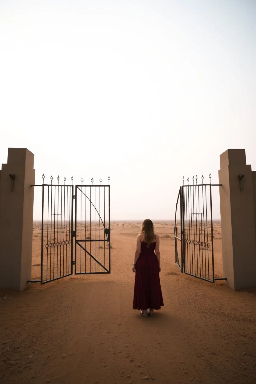 a woman standing in front of a gate like a mirror in the middle of the desert in foggy sky