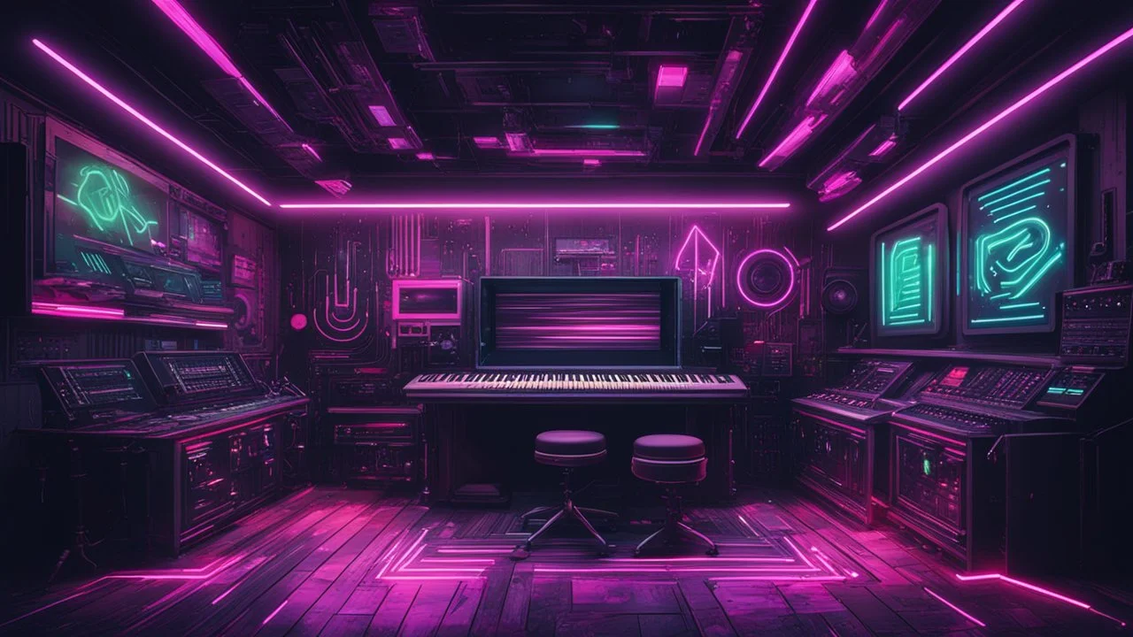 Hyper Realistic Rustic Hip-Hop Music Studio with dark futuristic & Neon-Glitched background