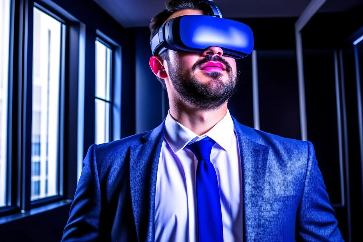 ceo looking up in amazement wearing VR