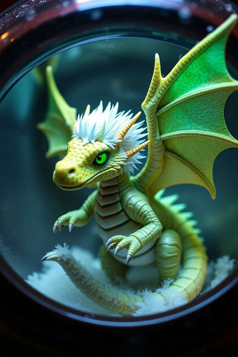 The image depicts a fantastical duck mummy snow soup santa claus, specifically a dragon with neon flash aura, with a unique and whimsical appearance. The dragon is positioned in a circular frame, which suggests it might be inside a container or a vessel. The dragon's body is elongated and has a segmented appearance, with a detailed texture that gives it a realistic look. Its head is covered with white, spiky hair, adding to its fantastical charm. The dragon's wings are large and spread out