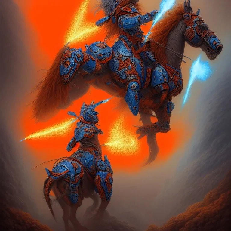 angry horse in orange and blue battle armor, a highly detailed illustration, background of Inka jungle, realistic render, 8 k, micro detail, intricate, elegant, centered, digital painting, Artstation, smooth, sharp focus, illustration, artgerm, tomasz alen kopera, peter mohrbacher, donato giancola, joseph christian leyendecker, wlop, boris vallejo