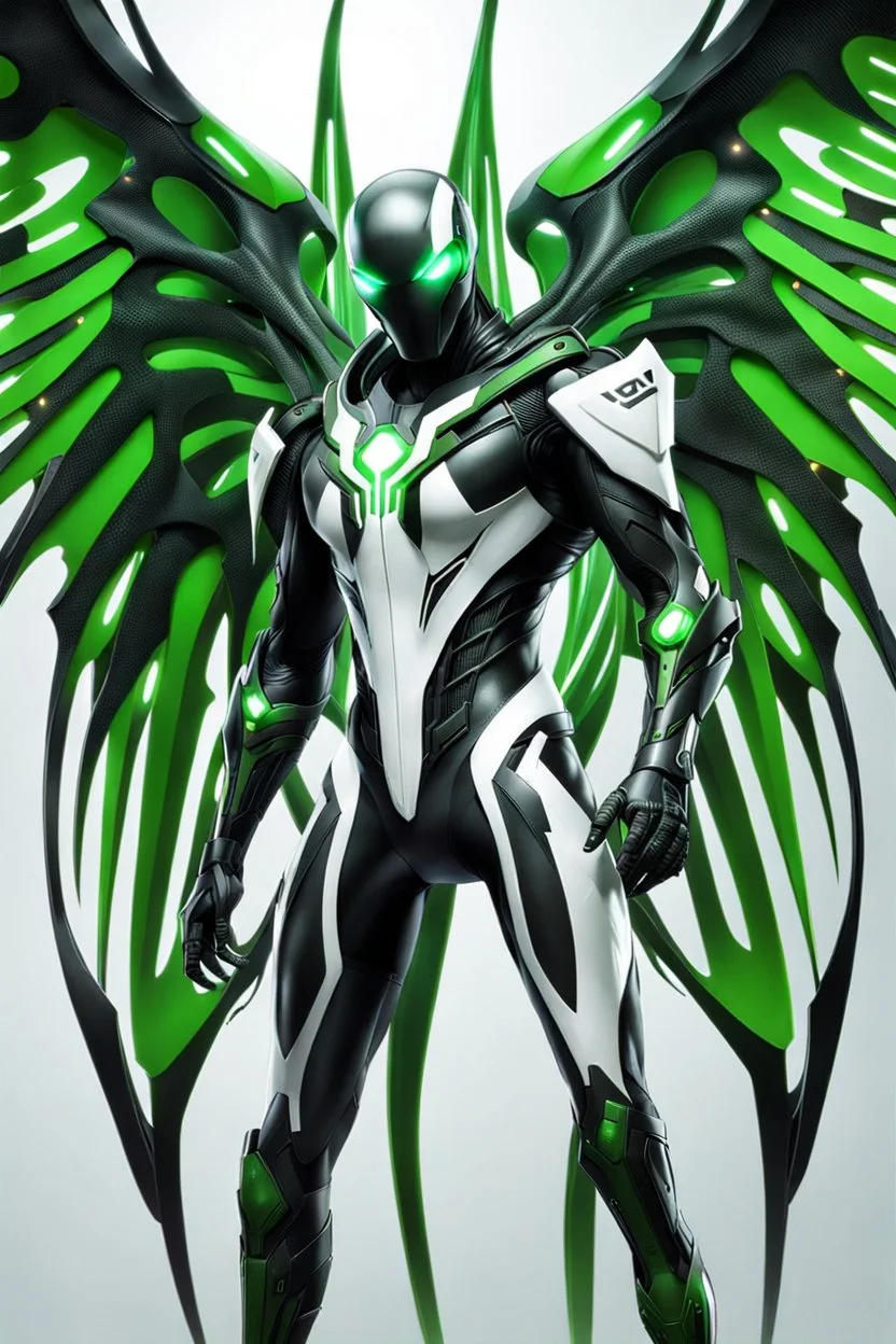 Cyborg symbiote, white color, green color, tendrils, high tech, cyberpunk, biopunk, membrane wings, carbon fiber, cyber tentacles, and the other two.