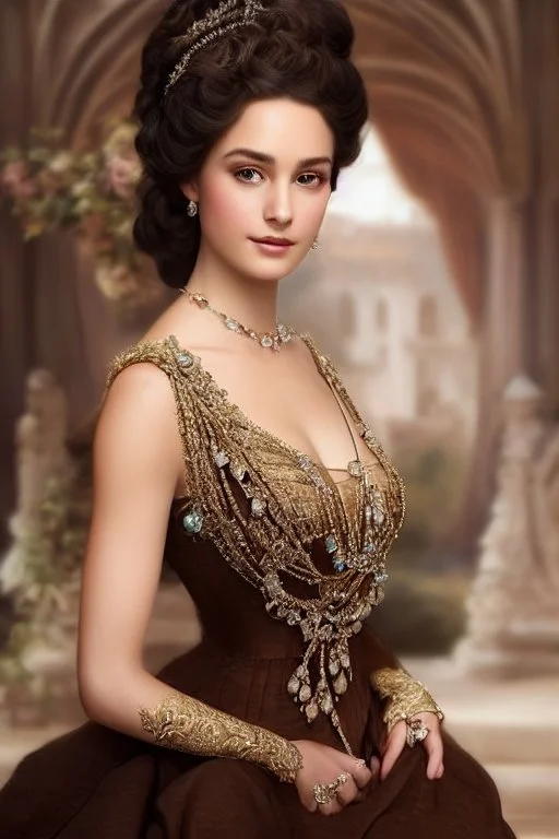 beautiful and gorgerous duchess with incredible jewellery in 19th century clothing by Greg Rutkowski and Artgerm and Emile Vernon and Vladimir Volegov, in a brown dress, mystical castle background, art illustration, natural beauty, muted colors, pastels, perfect fingers, higly detailed, expressive, high detail, symmetrical, digital painting, symmetrical eyes, dynamic lighting, artstation, cinematic lighting, intricate artwork, emitting diodes, smoke, artillery, sparks, racks, system unit, mother