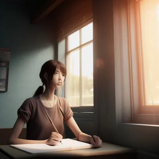 female student studying by the window, anime style, unreal engine 5, sun light, studio lighting --ar 1:1 --v 4