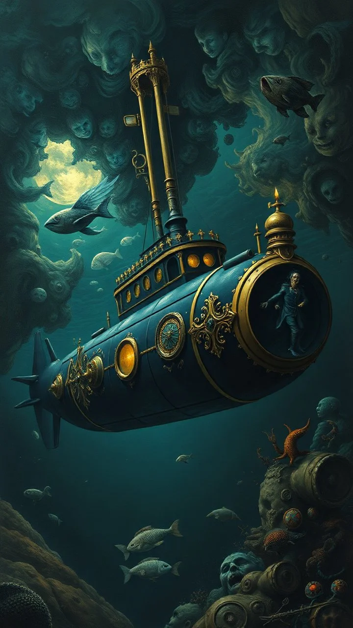 Captain Nemo dark submarine , paint it in the baroque style,surrounded