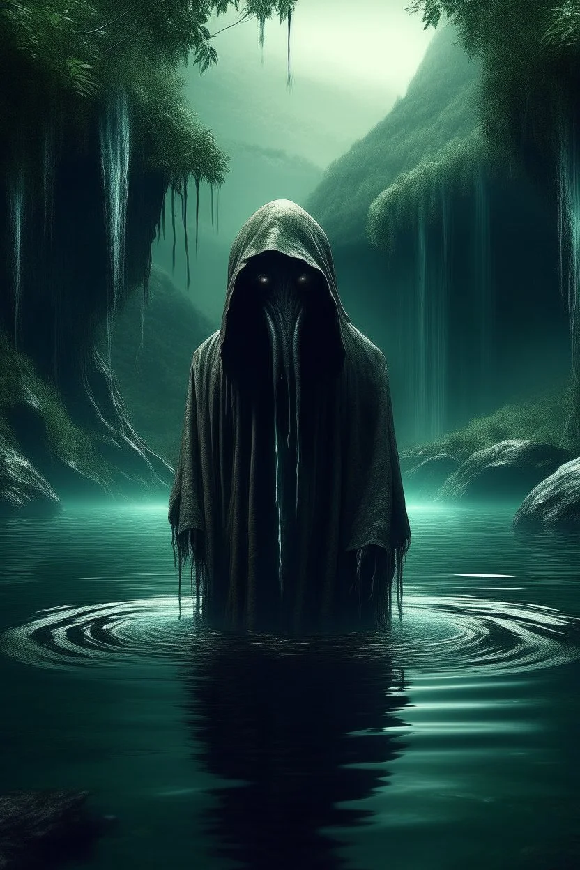 A scary hooded alien creature standings in lake with waterfalls in side a cave underground