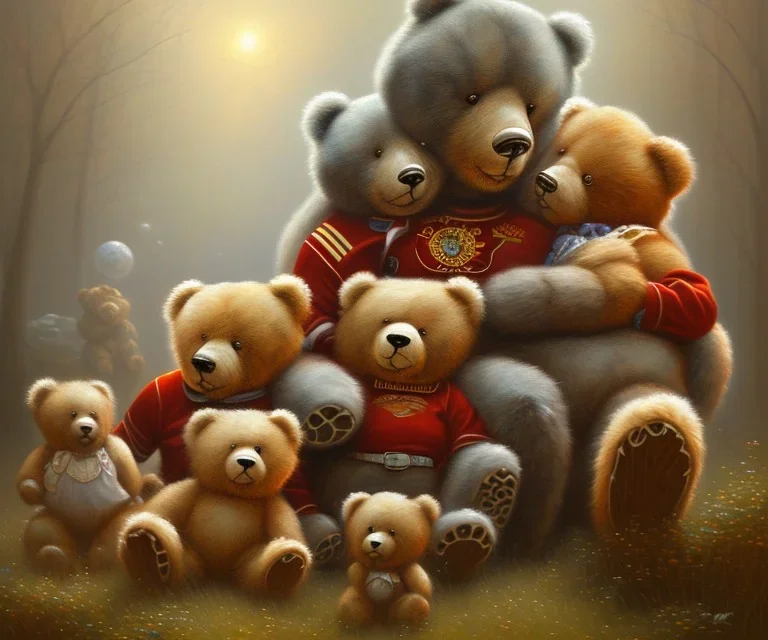 boy and big teddy bears. oil on canvas