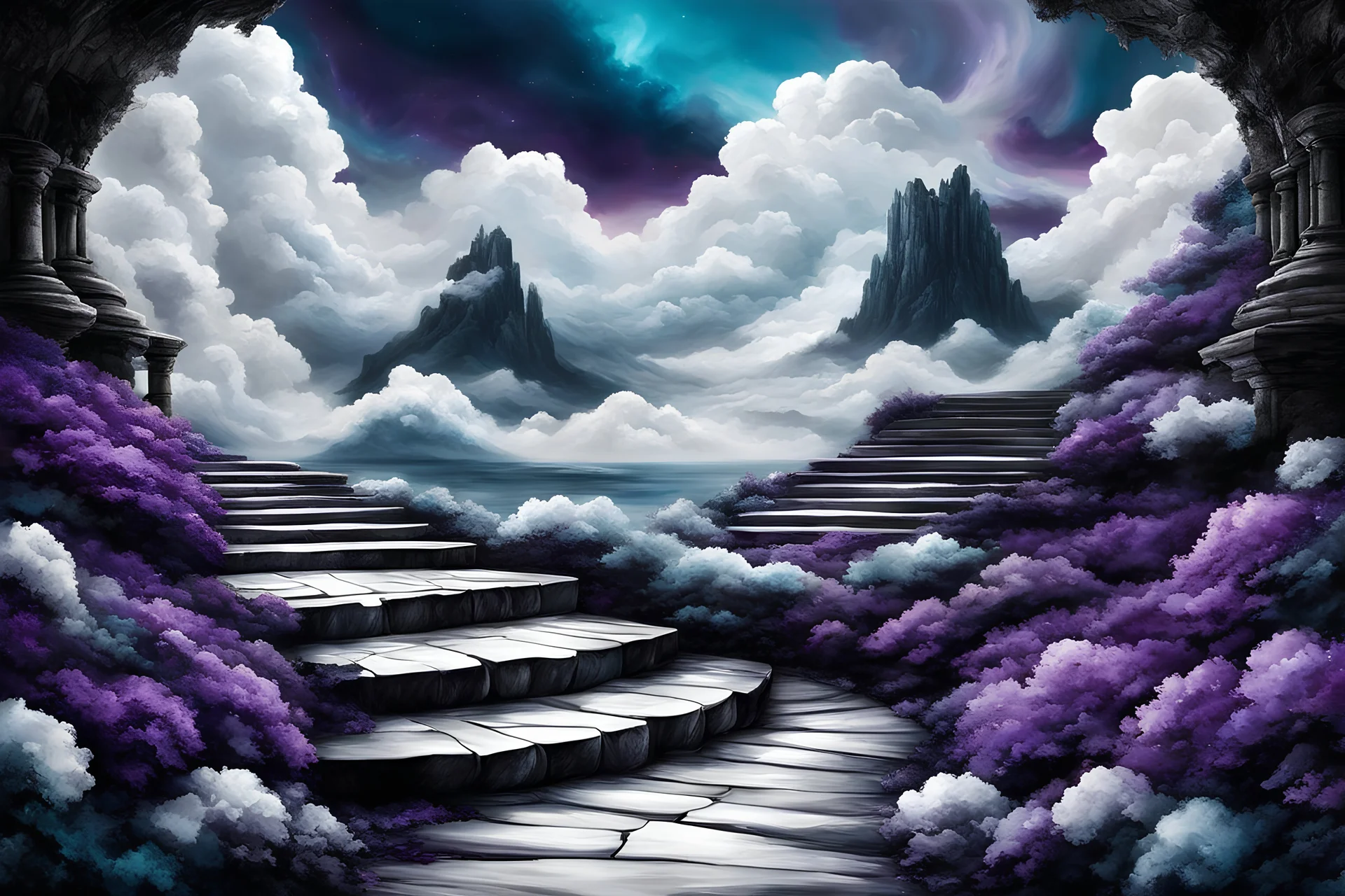 Gorgeous hyper realistic thick flowing oil paint style stamp spatula painting of a Heavily contrasted black white and alexandrite colour scheme. dream being formed, arch to dreamland visible. fantasy landscape with beautiful fluffy clouds and sky critters on the other side, rows of cotton line staircase to the sky.. Beautiful jagged shapes creating a perfect centred composition on the theme.