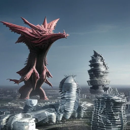 strange flying kaiju creature with stalked eyes and big mounth designed by zaha hadid destroying a cosmodrome designed by dr Seuss