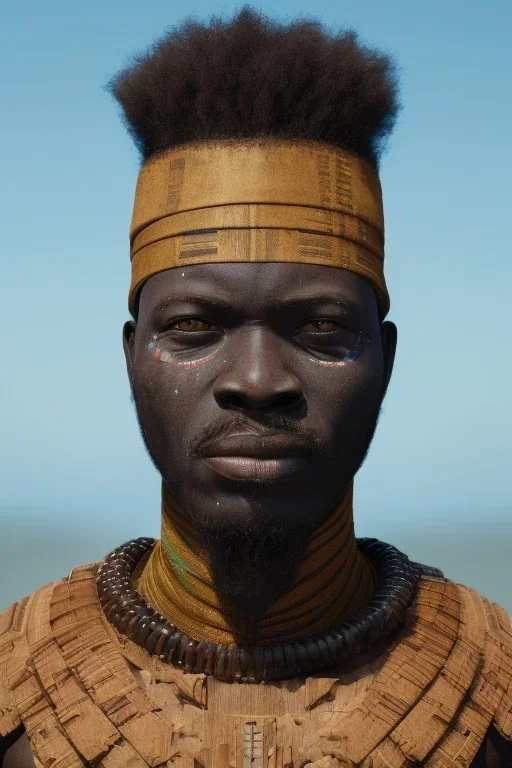 african head portrait, warrior costume, village, meditation, woods, galaxy sky, 8k quality