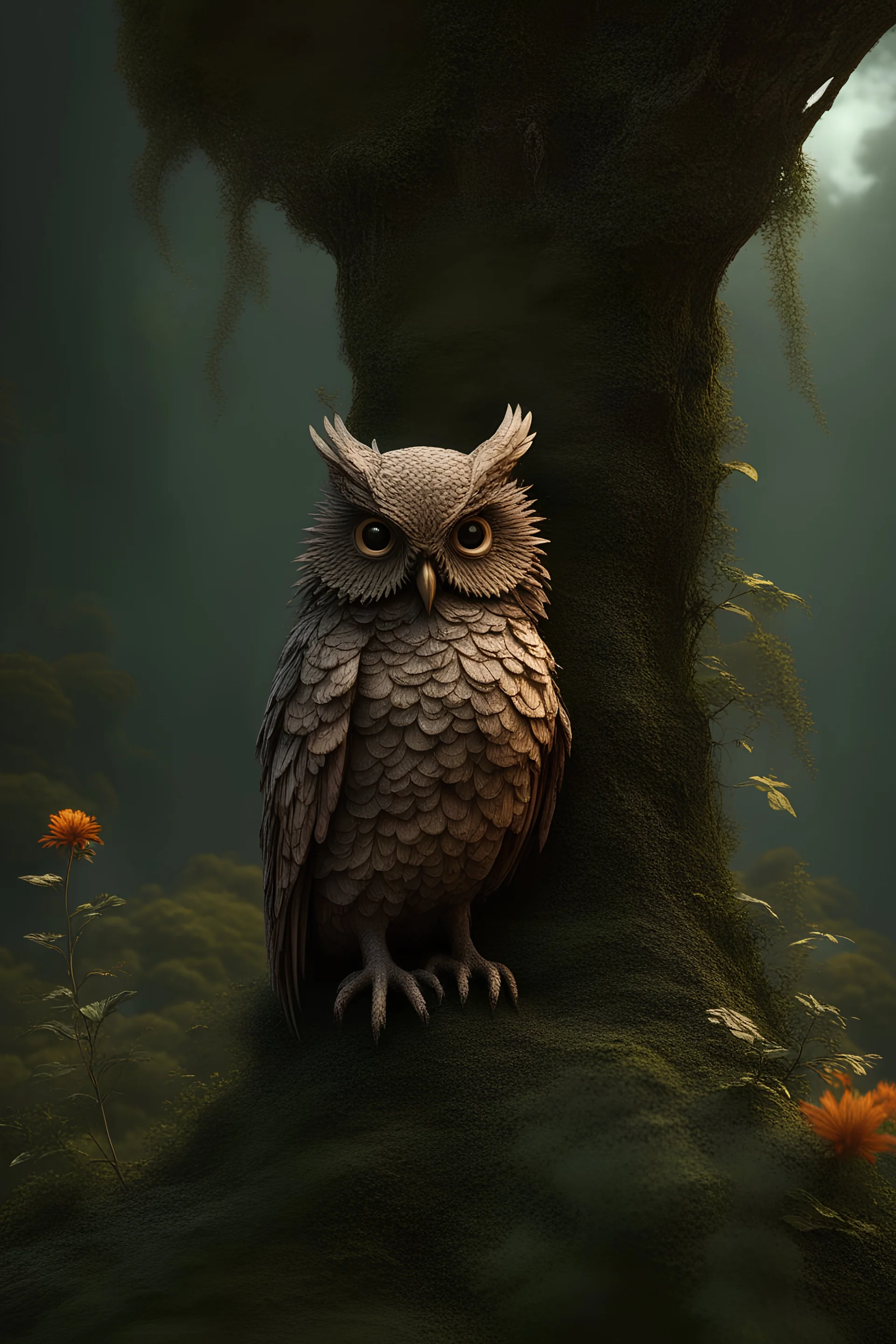 Visibly detailed and intricate 3D rendering of hyper-realism: Fairy, Wide Shot, Plants & Flowers, Vines, Owl, Front View, Color Paint, Tribal, Gothic, Shamanism, Cosmic Fractals, Dystopian, Dendritic, Artstation: Award-Winning: Professional Image: Atmosphere: Command: Fantastic: Clarity: 16k: Superior Quality: Eye-catching: Brilliance: Stunning Colors: Stunning Depth