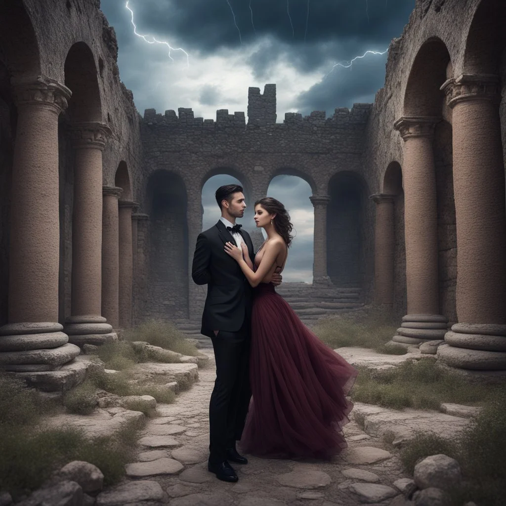 Hyper Realistic photographic-view Handsome-Muscular-Man In Black-tuxedo & beautiful-woman-with-whirling-black-hair-&-black-gown-cold-breeze & both-getting-romantic in the middle of an ancient-prehistoric-castle-ruins with wedding-setup & UFOs on cloudy-maroon-sky with thunderstorm giving it a dramatic & cinematic ambiance